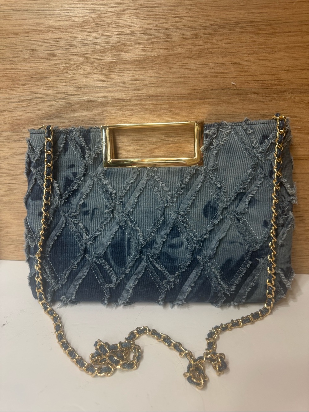 Denim Quilted Clutch  and crossbody with Gold Handle - Picture 3 of 11